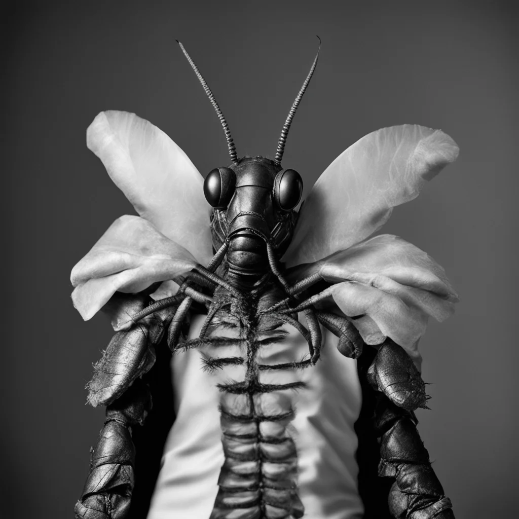 three quarter view black and white portrait photo of lobster like insect renaissance style costume photographic style of