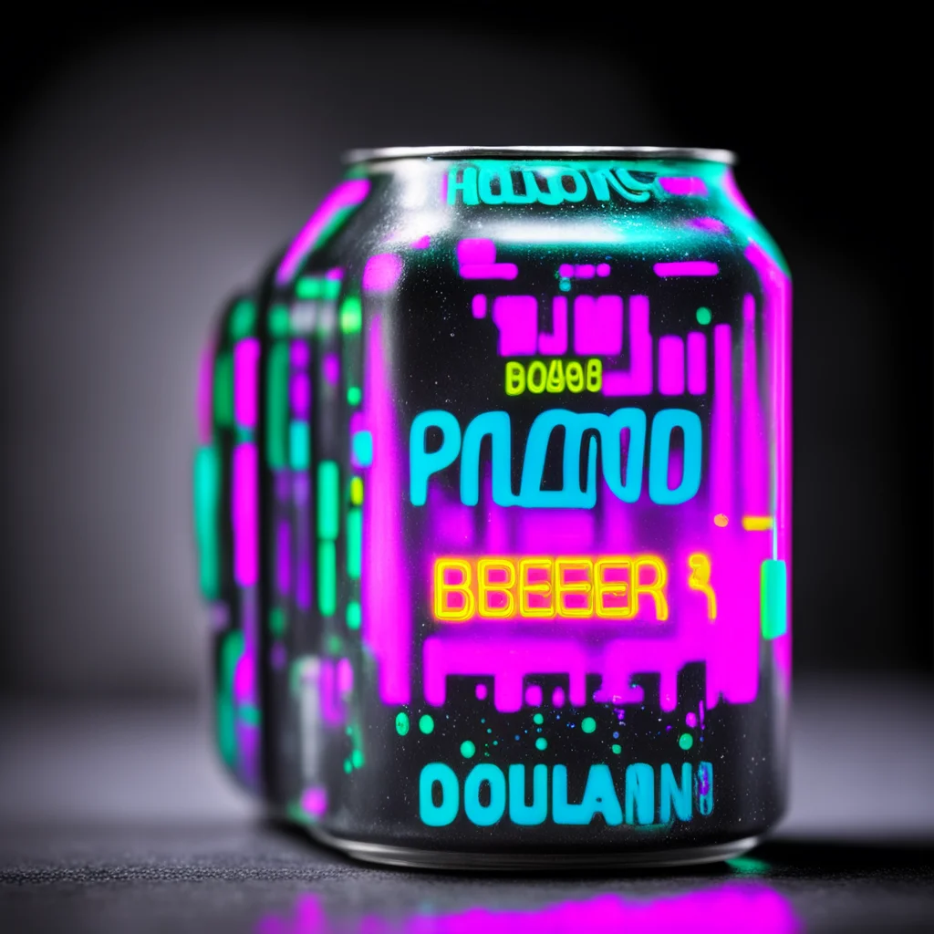 three quarters view of hallucinogenic beer can with blocky conlang writing system style high contrast neon colours refre