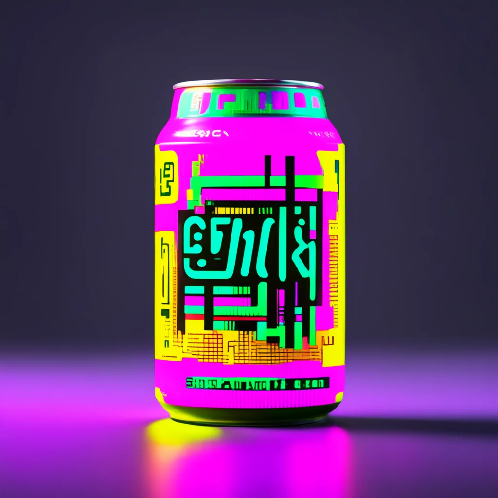 three quarters view of strange beer can with blocky conlang writing system style high contrast neon colours
