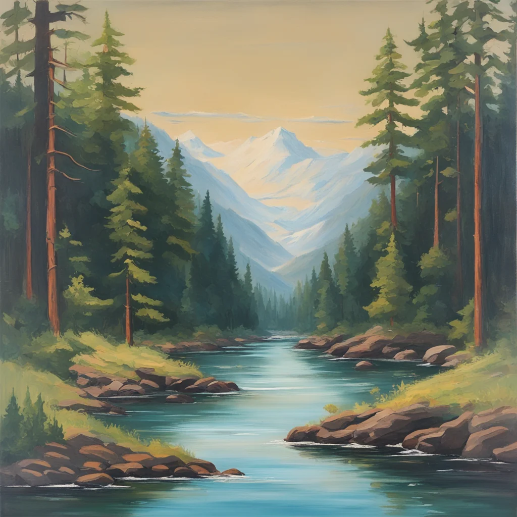thrift store painting of a forest and a river