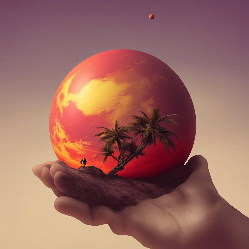 tiny desolate planet resting in a giant’s palm  illustration  red yellow and brown hues