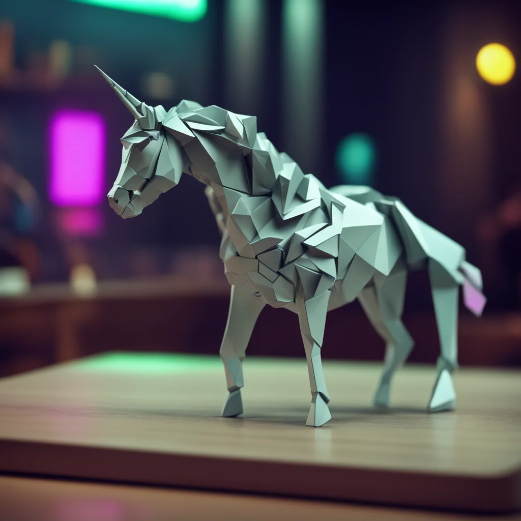 tiny full folded paper unicorn figure origami unicorn horse on a table cyberpunk crowded scifi bar gloomy melancholicRid