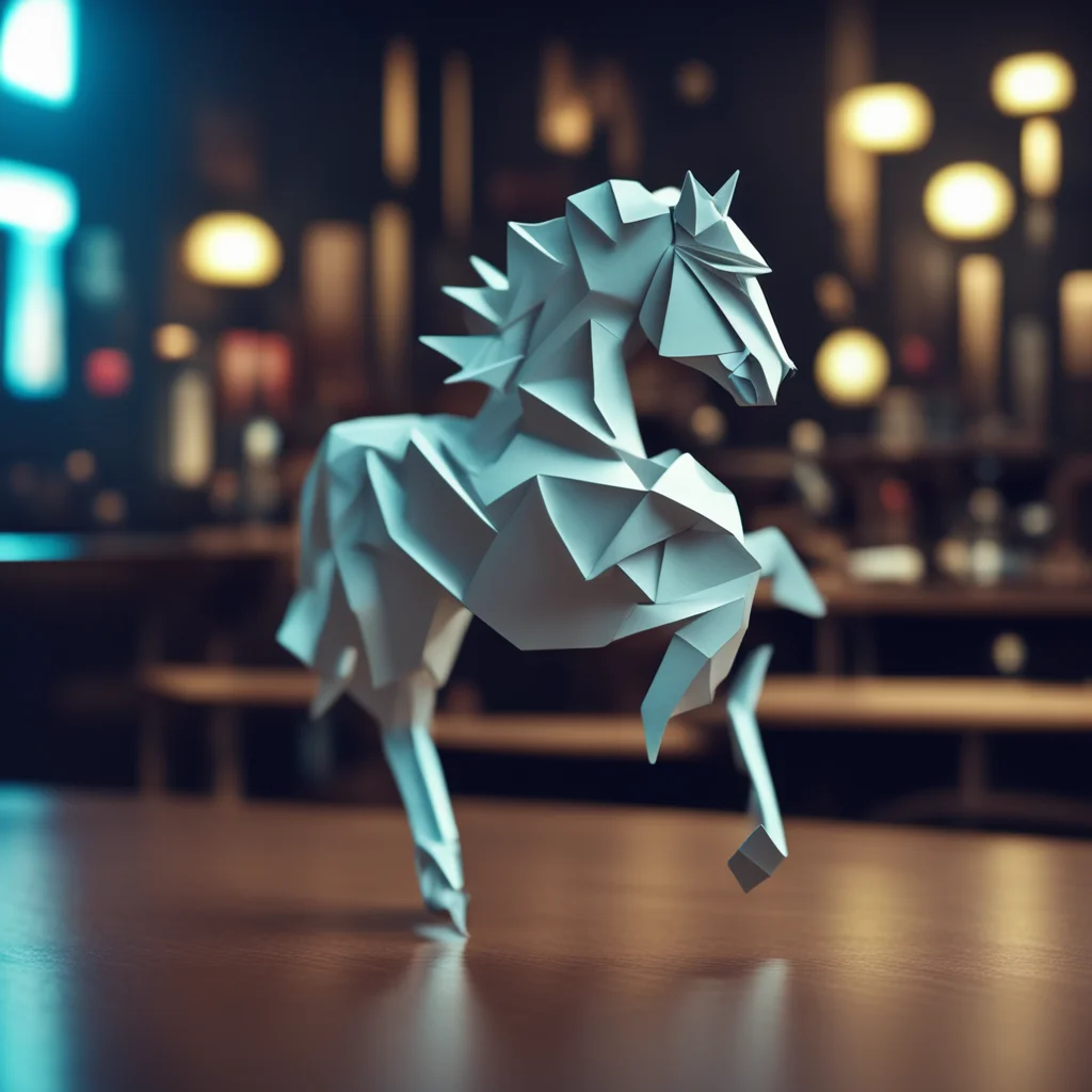 tiny full folded paper unicorn figure origami unicorn horse on a table cyberpunk crowded scifi bar gloomy melancholicult