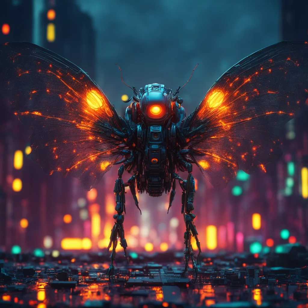 tiny robot insect wings with fire eyes ultra detailed night city background 8k render realistic concept art bandit sense