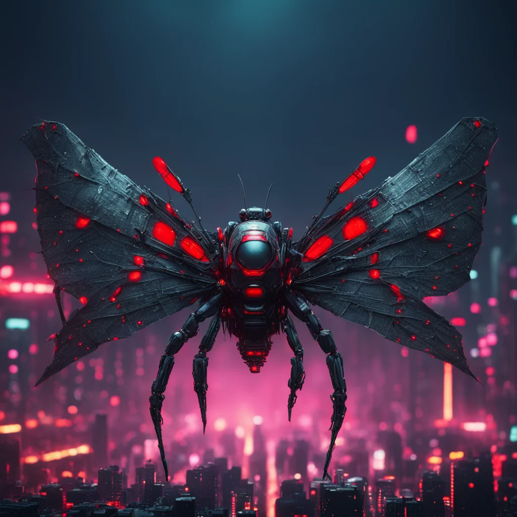 tiny robot insect wings with red eyes ultra detailed night city background 8k render realistic concept art bandit sense 