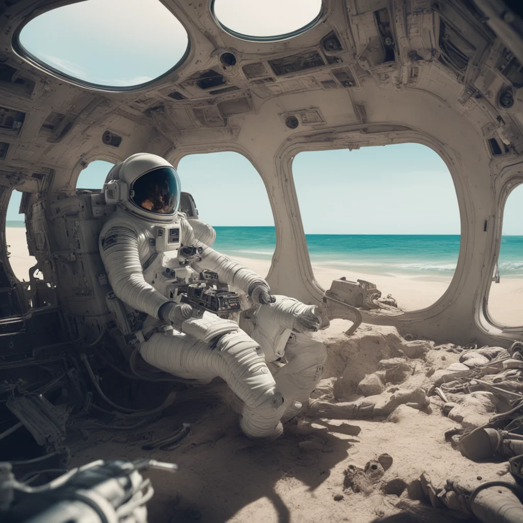 tired astronaut sitting in a sunny beach spaceship wreck palms Ridley Scott hot cinematic atmospheric chaotic ultrareali