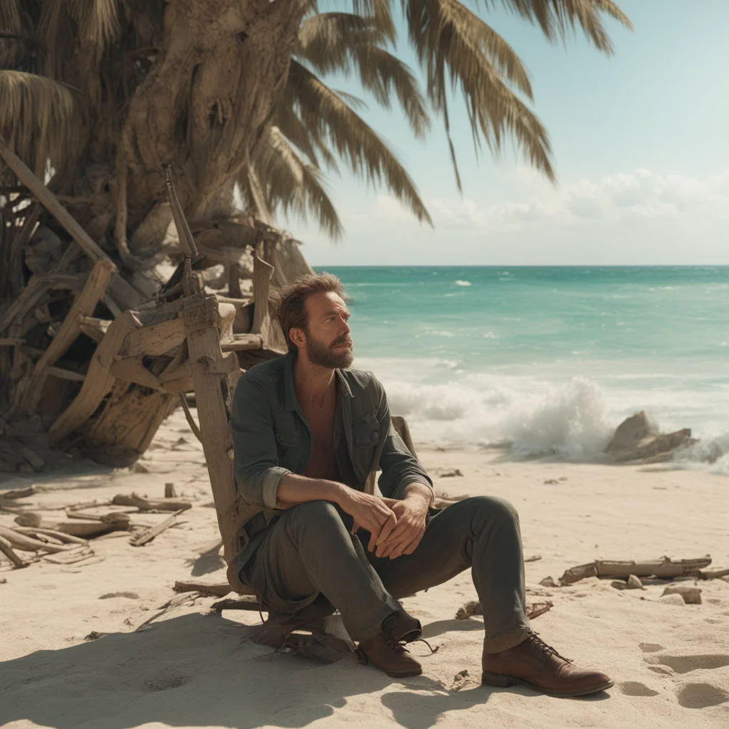 tired man sitting in a sunny beach shipwreck palms Ridley Scott hot cinematic atmospheric chaotic ultrarealistic highly 
