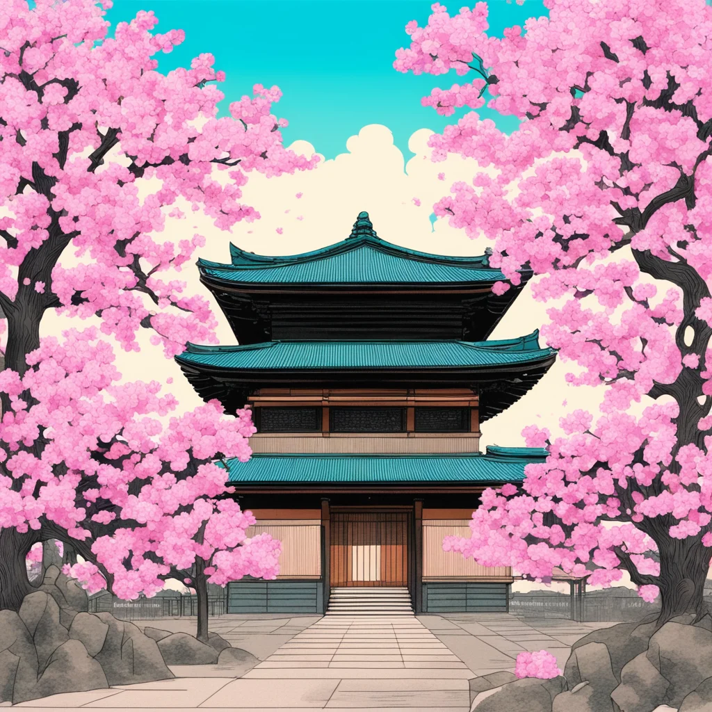 tokyo stock exchange surrounded by cherry blossoms and clouds in a woodblock print style