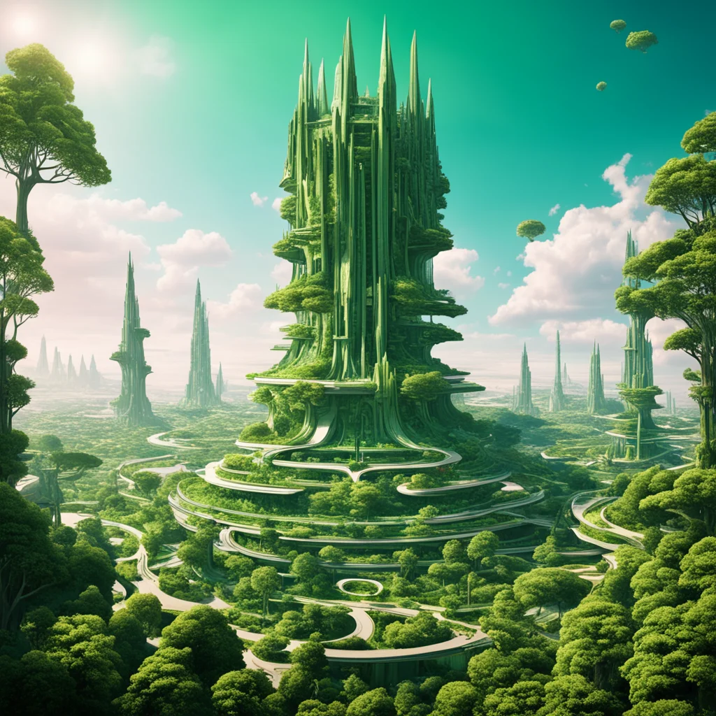 tomorrowland city green and trees terraces utopian gigantic tower gleaming on the horizon reaching to space —ar 21