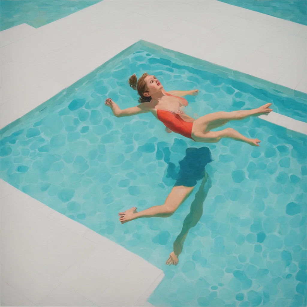 top shot  a girl swimming in a pool  aqarell  david hockney 2 top shot  from above  over the head