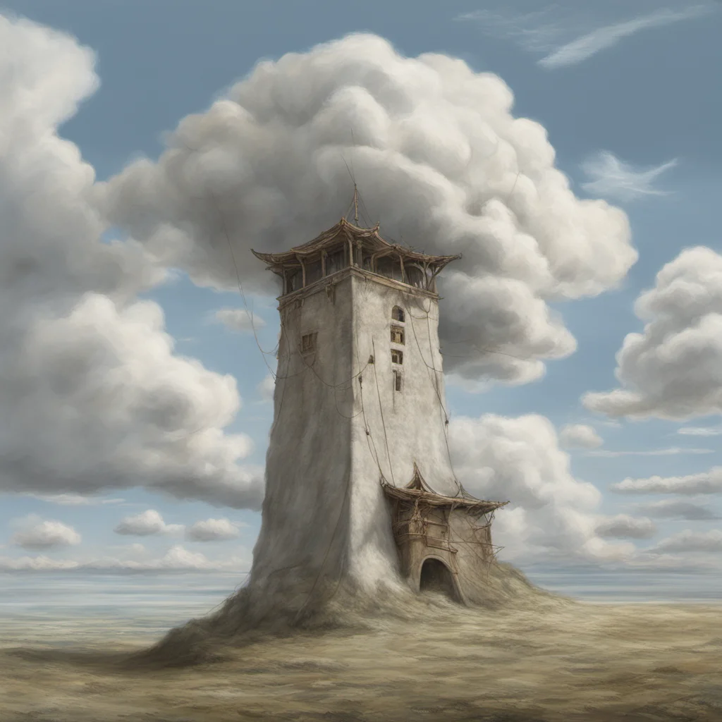 tower of white cloth and rope hovering above the tundra windows ramparts voluminous clouds good dynamic range Studio Ghibli Michael Parkes extremely deta