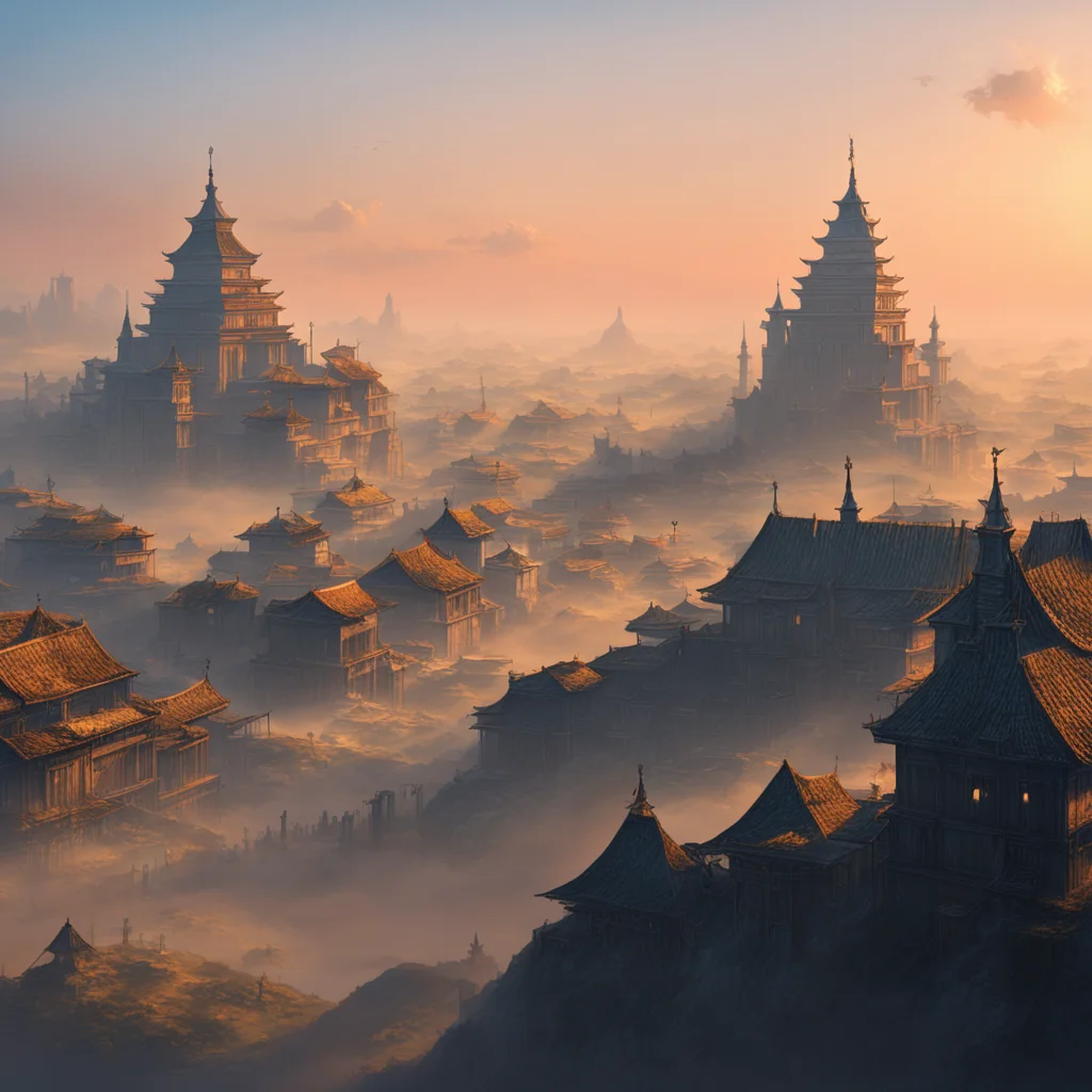 towering tribal fortress cityscape huts in the distance savannah foggy sunrise gold orange white blue color scheme trend