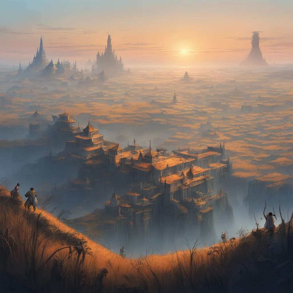 towering tribal fortress sprawling ancient city huts in the distance savannah foggy sunrise gold orange white blue color