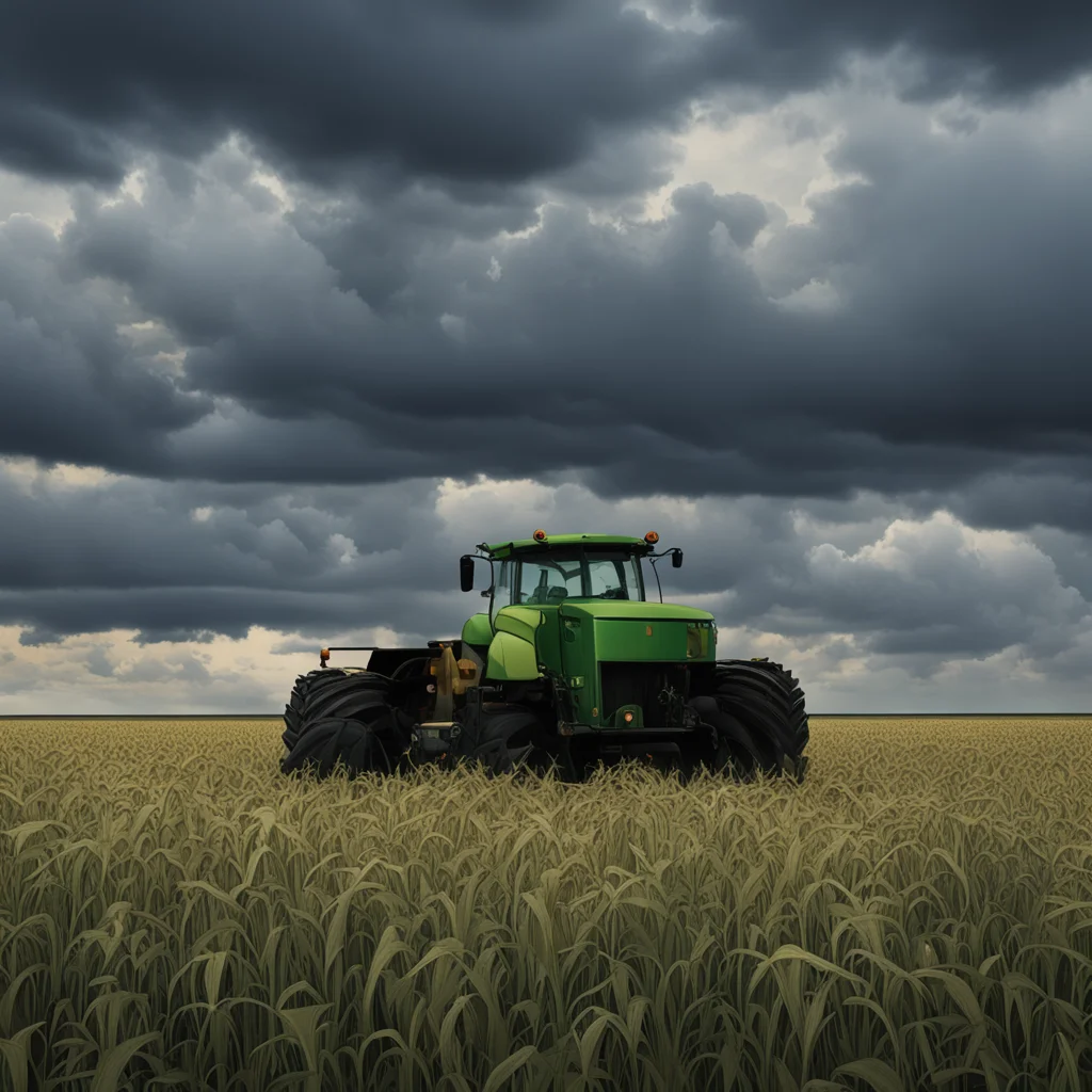 tractor combine in distant soybean field moody contemporary movie poster stormy sky highly detailed sense of dread —ar 1