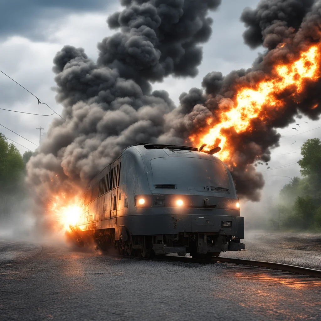 train hitting a car and exploding particle effects extreme details volumetric lightning 8K IMAX large format film photo 