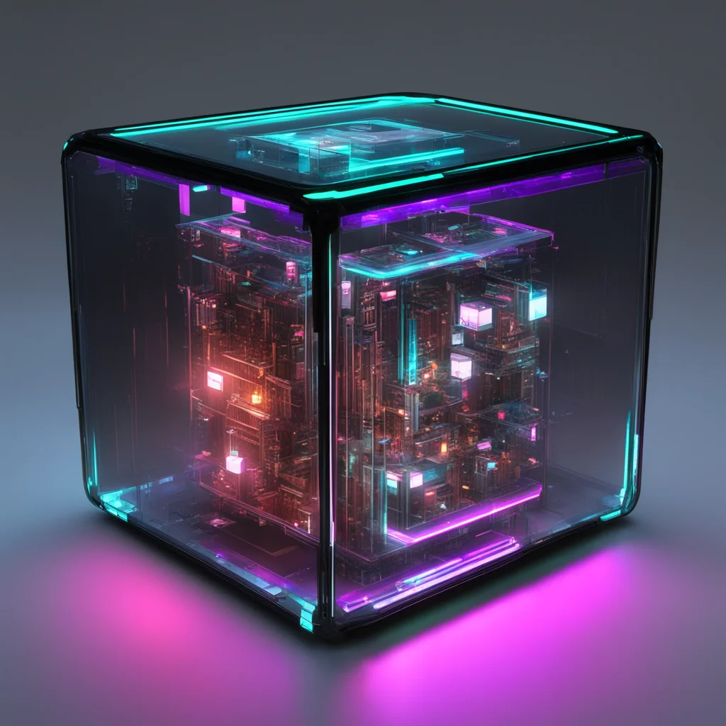 transparent computer cube with glowing lights  blakes seven  orac  unreal engine