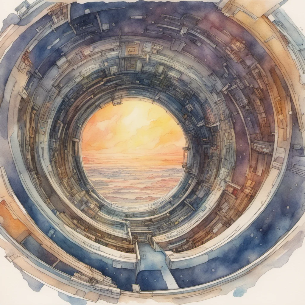 traveling through a retro futuristic wormhole portal floating in space Moebius highly detailed watercolor—ar 916