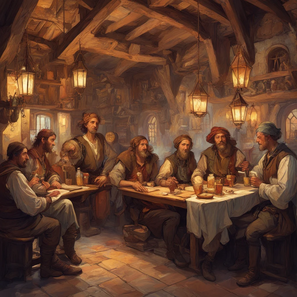 travellers inside of a medieval tavern in the style of craig mullins and alphonse mucha slav epic ll