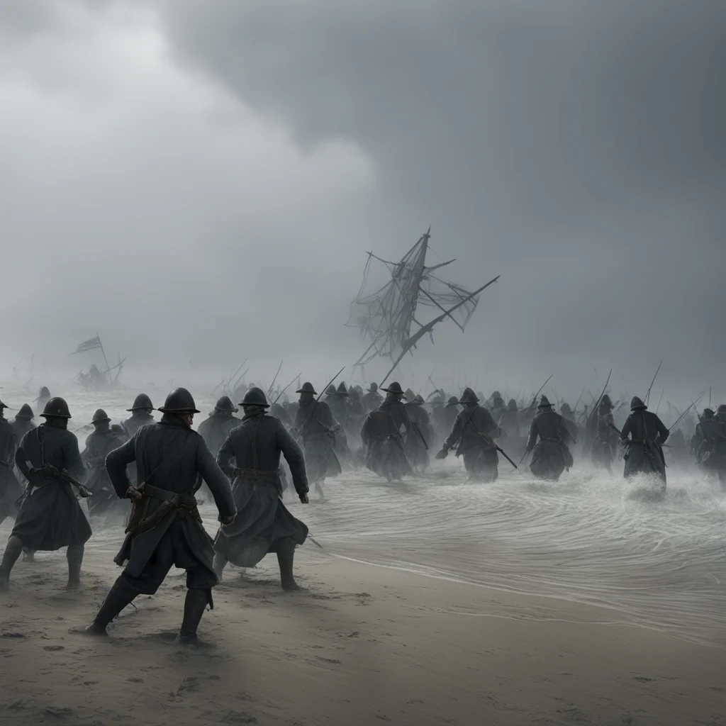 trench warfare Normandy Cliffsid Thousands of shadowy peasants fighting during the 1800s crucifix ripping through the beach like limbs tumultuous crashing wa