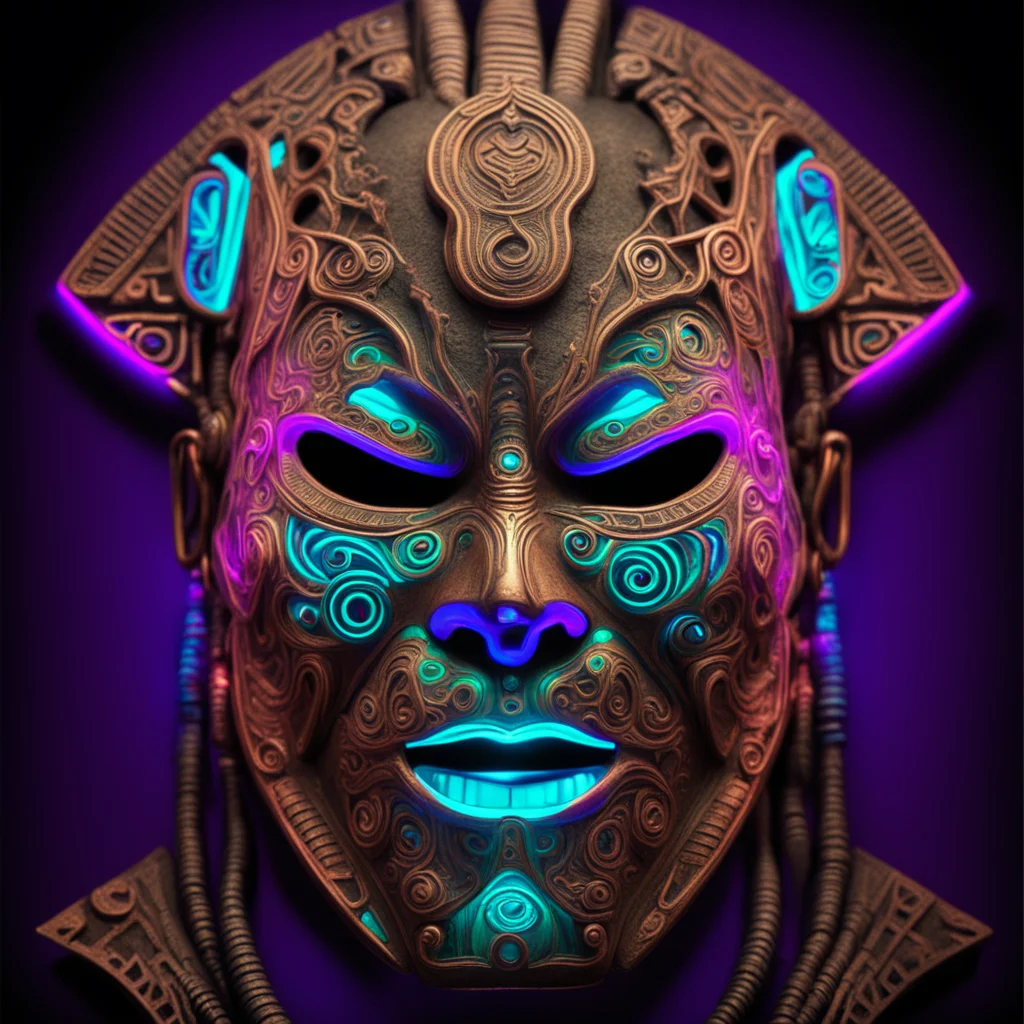 tribal mask made of titanium copper neon light photorealistic