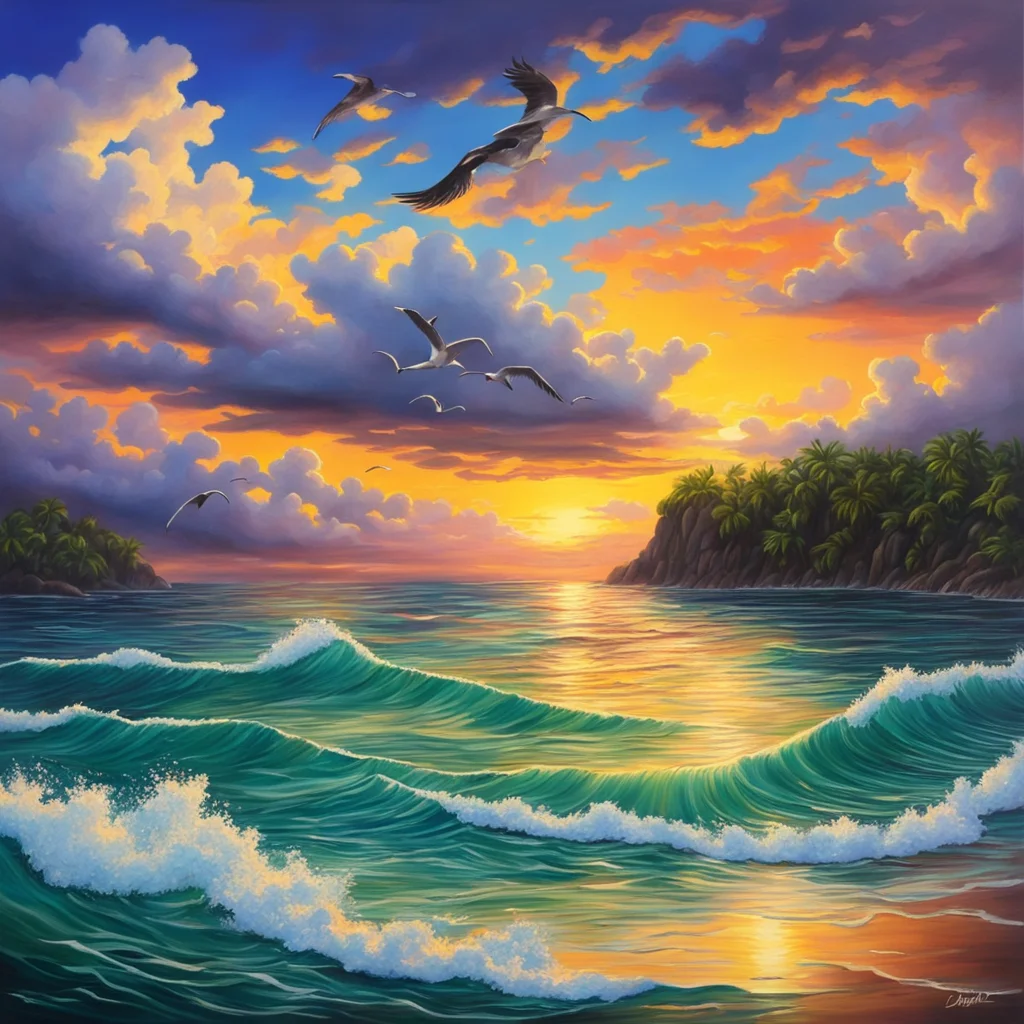 tropical island sunrise seagulls dramatic clouds wide angle acrylic painting hyper realistic highly detailed ar 916 no s