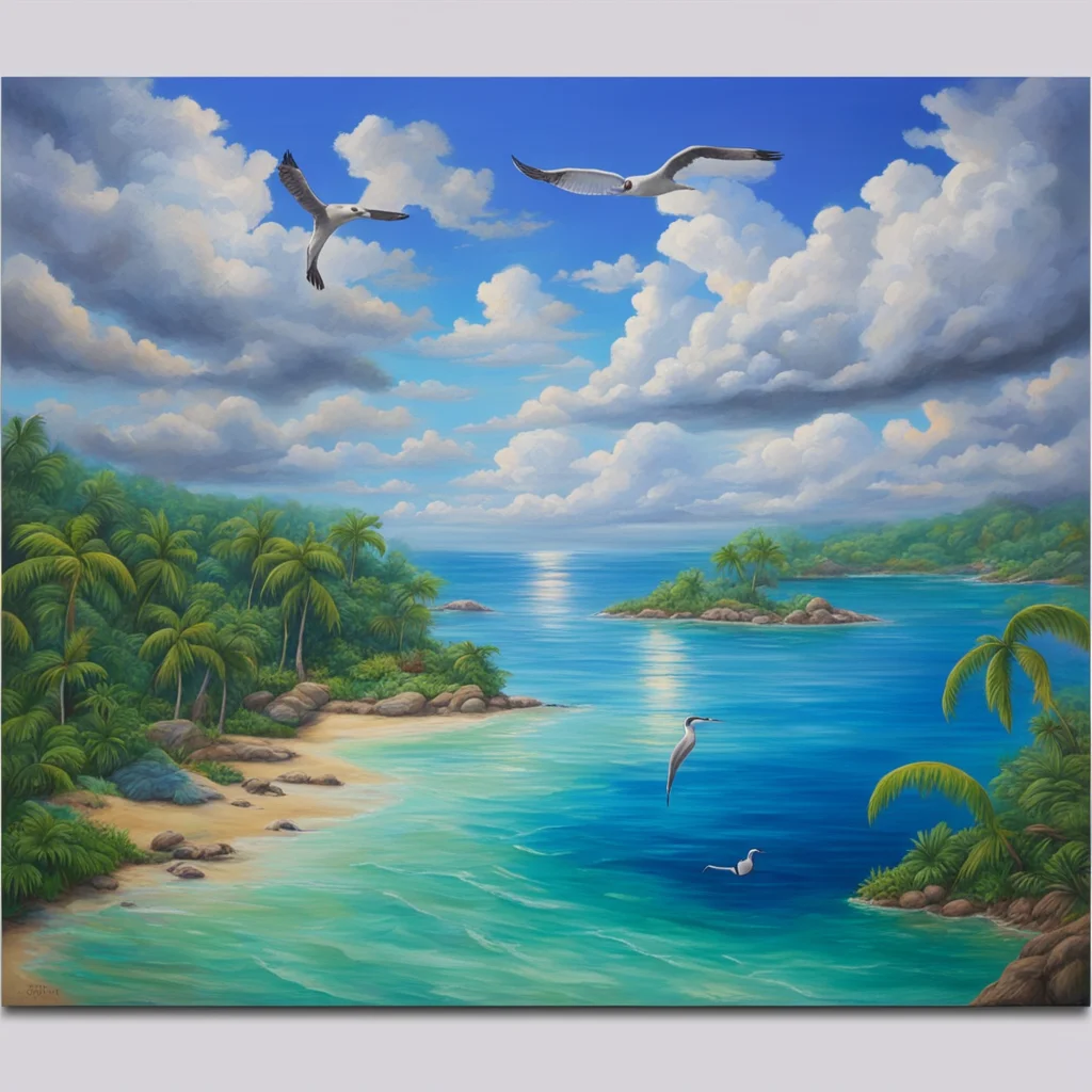tropical islands clouds albatrosses wide angle acrylic painting hyper realistic highly detailed 8k ar 916 no ship
