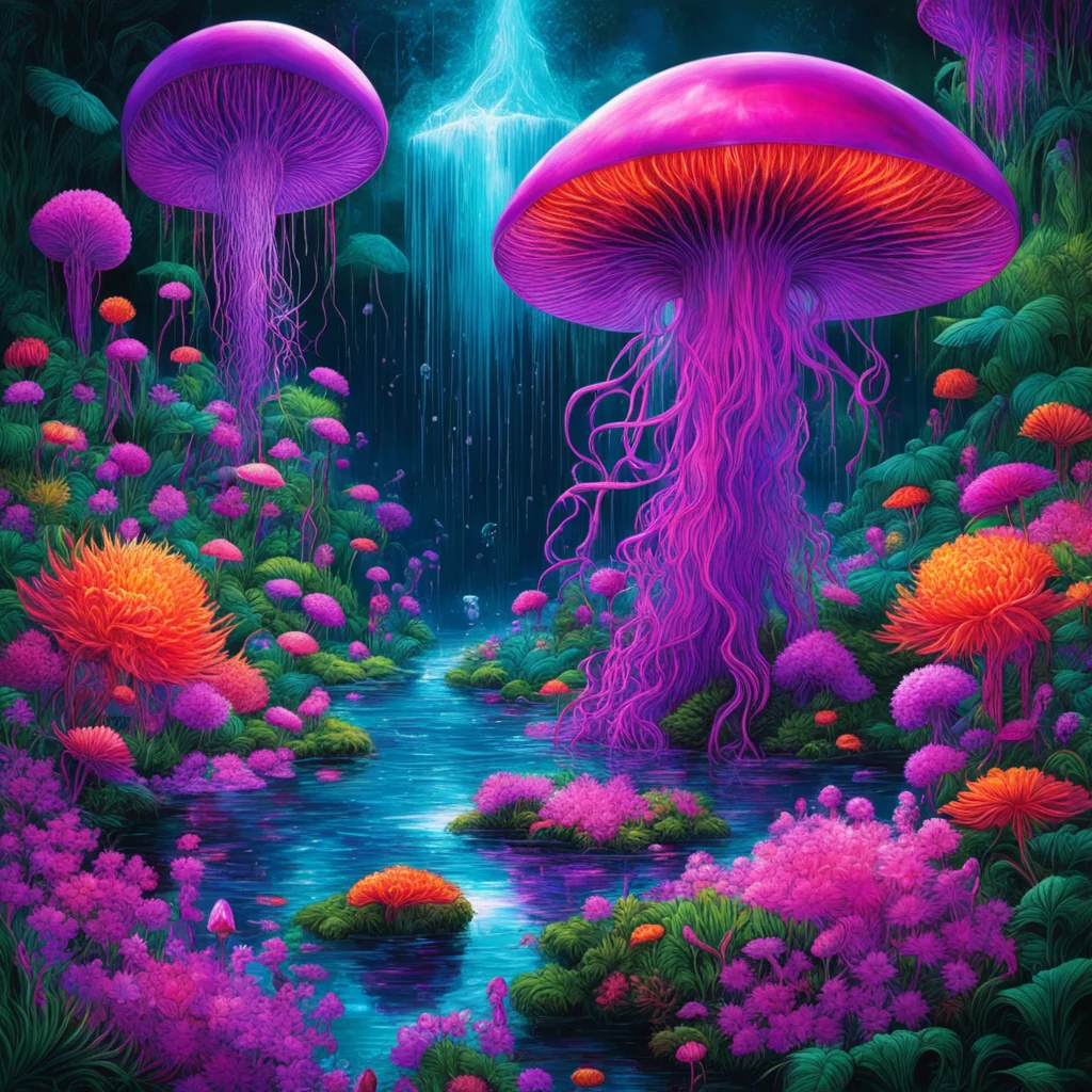 tropical jelly fish garden with a water feature and large indigo red purple orange crystal structurethousands of acid fl