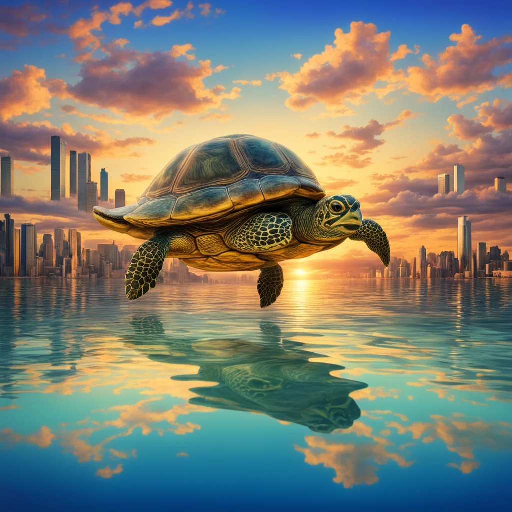 turtle floating in the sky with a city on its back beautiful sunset over water hyper realistic salvador dali art beatifu