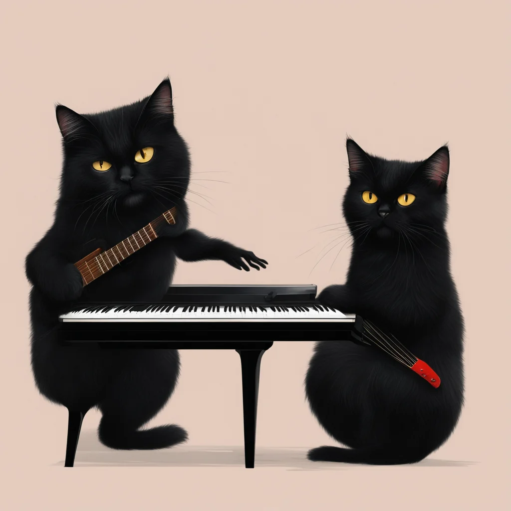 two black cats playing a piano and guitar
