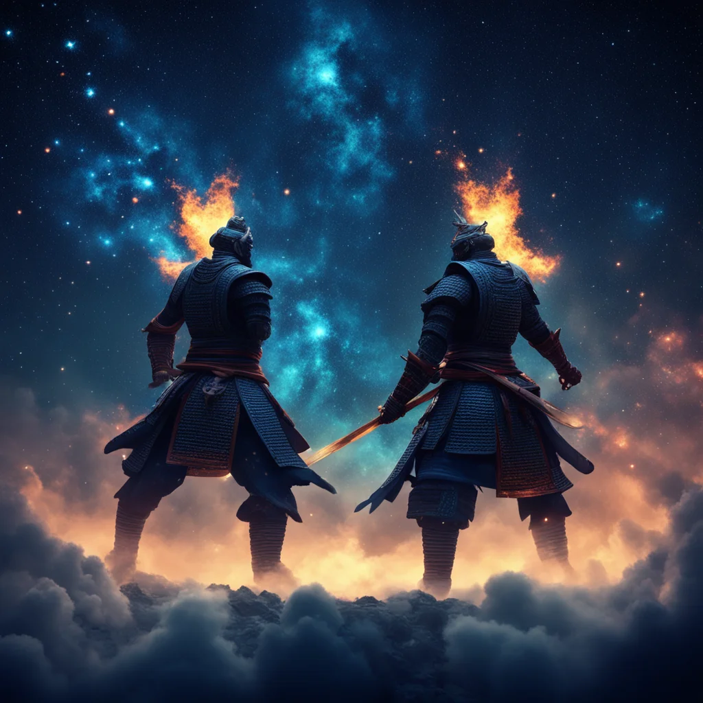 two giant samurais made of glowing particles battling in front of a dark blue night sky full of stars and nebulae ar 169