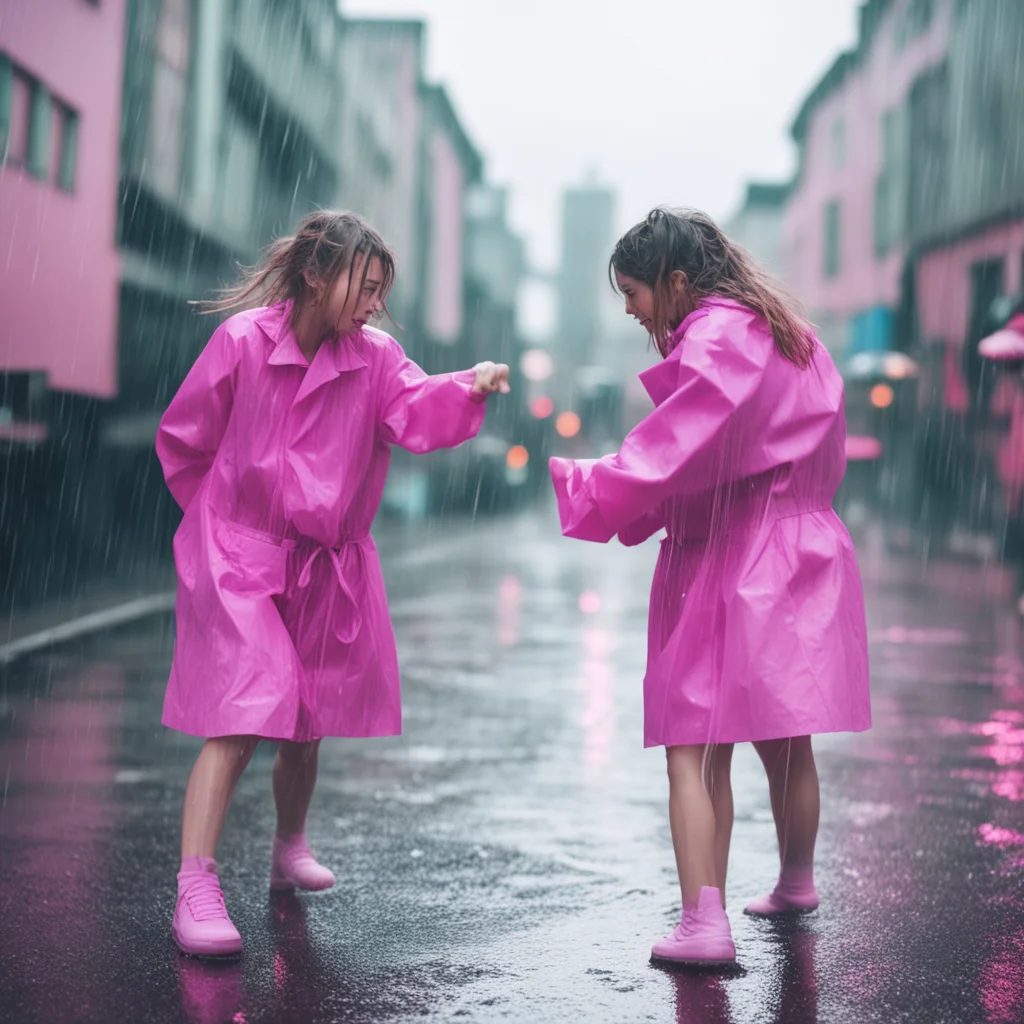 two girls fighting in a rainy street at daytime crying faces eerie cinematic light leaks pink color palette 8k