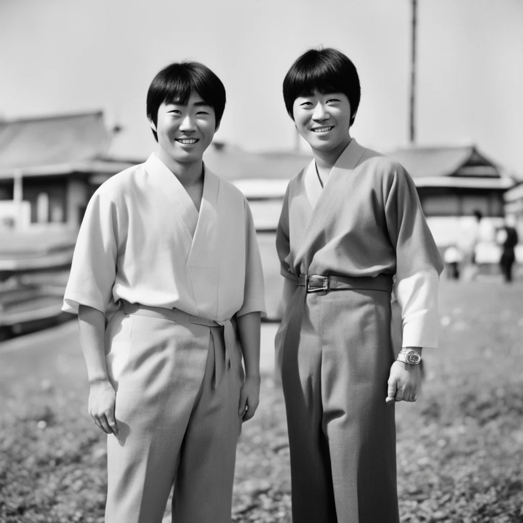 two happy japan 70‘sguy stand retro photo BW