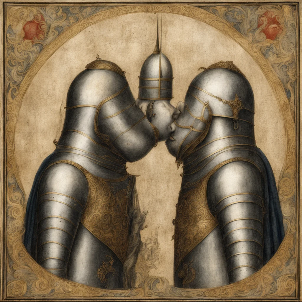 two knights kissing with golden halos medieval painting highly detailed manuscript aged worn aspect 33