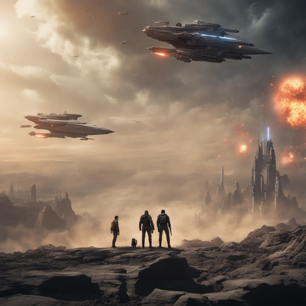 two men standing against one giant man on a battlefield with epic space battle with many space ships and lasers and explosions in the style of empire strikes 