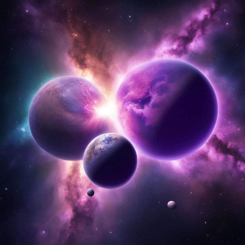 two planets colliding deep impact pastel explosion Milky way deep purple high definition ar 920
