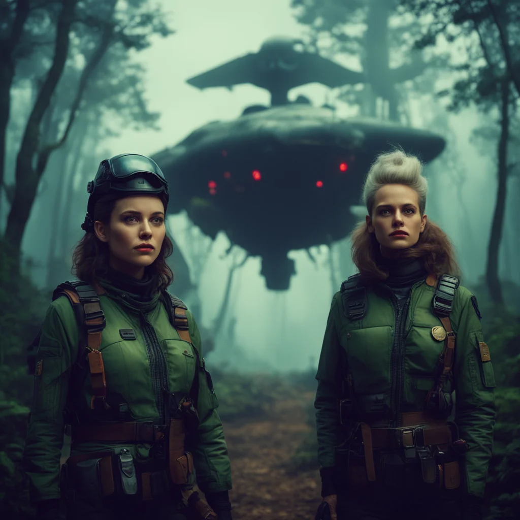 two women pilots war retro futuristic night warriors planes dystopia realistic blade runner dune forest cinematic anamop