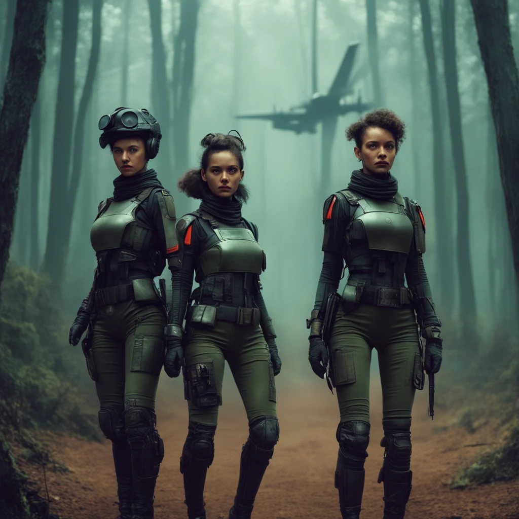 two women pilots war retro futuristic night warriors planes dystopia realistic blade runner dune forest