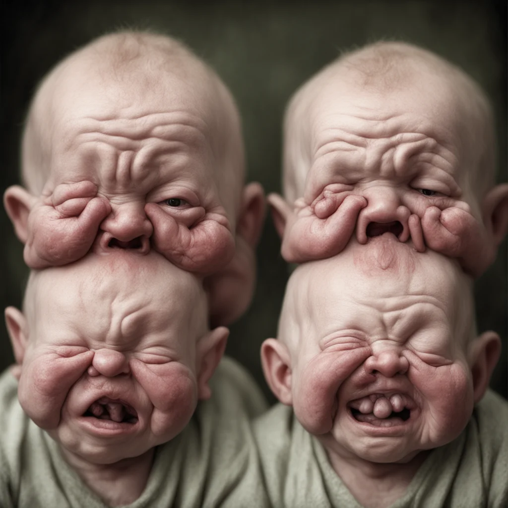 ugly babies with the heads of old men with bulbous noses grotty tumours crying hyper realism old photo h 2000 w 1000