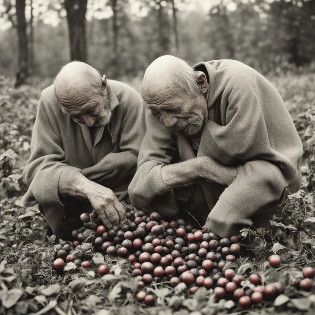 ugly old men picking berries crying grotty hyper realism epic photo real old photograph 1952 —h 1000 —w 3000