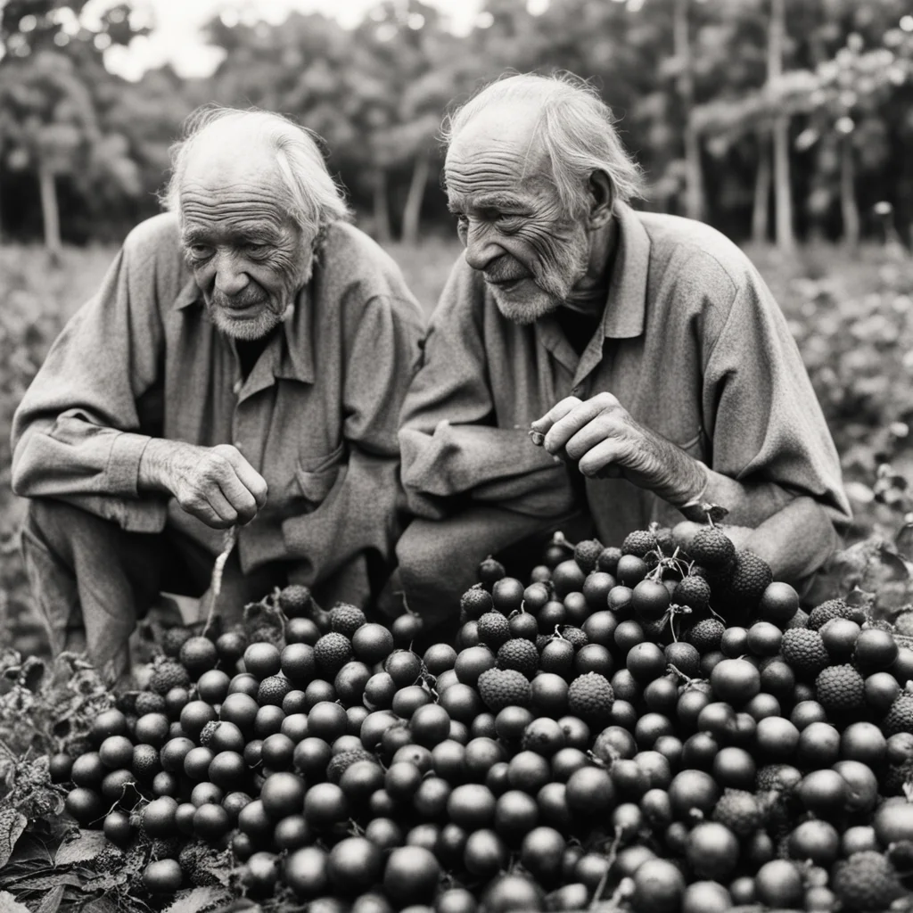ugly old men picking enormous berries crying grotty hyper realism photo real old photograph 1947 —h 1000 —w 3000