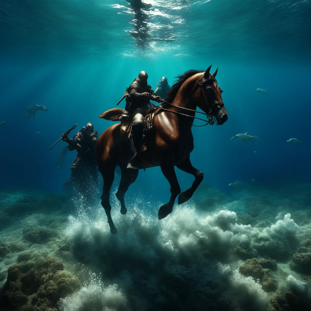 underwater footage of armies on horseback in battle epic war infinite scale yin yang dark lit from above ocean caustics 