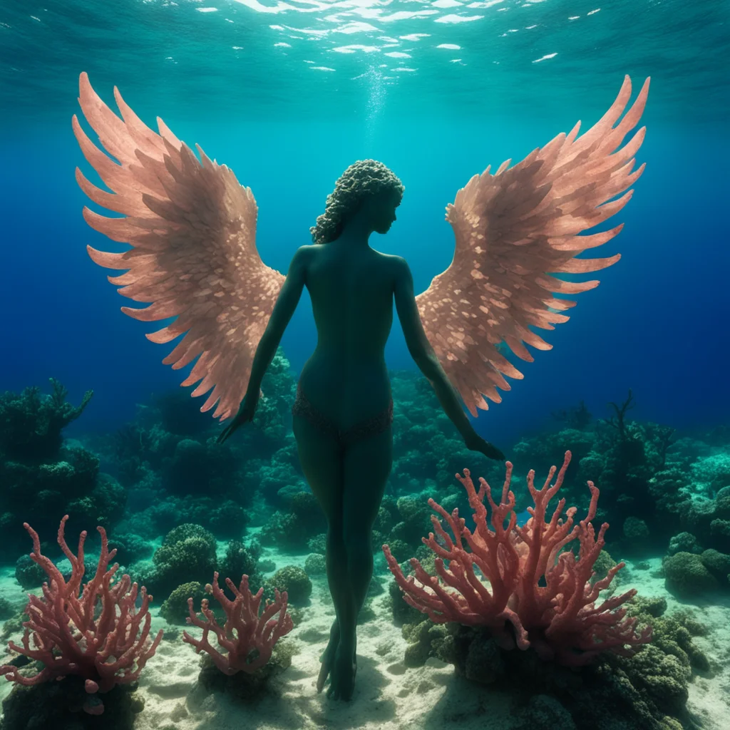 underwater sculpture of Angel with giant coral wings silhouetted cinematic closeup shot ar 46