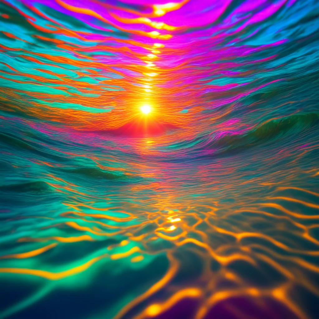 underwater vibrant psychedelic waves macro photography sunset shafts of light refracting light octane ar 169
