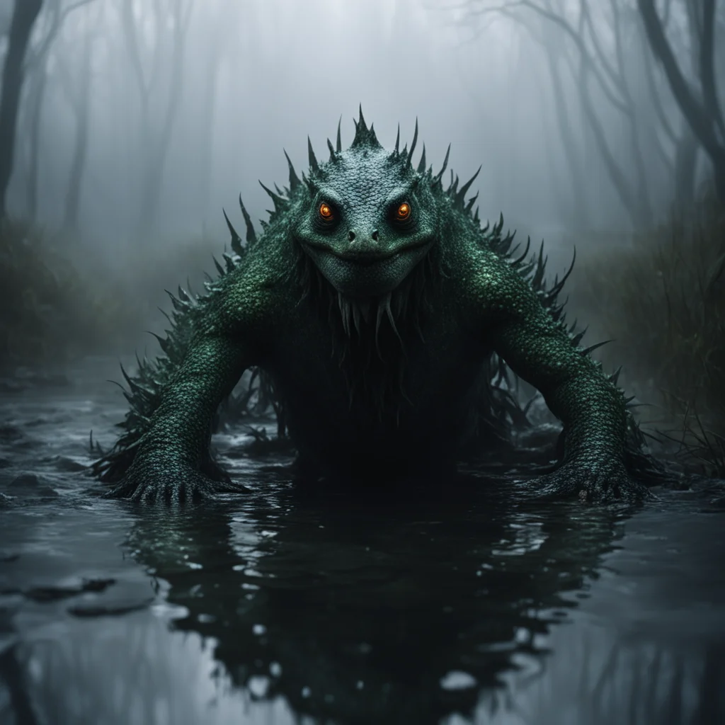 up close moody lighting swamp creature covered in reflective shimmering scale emerging from water surrounded by fog