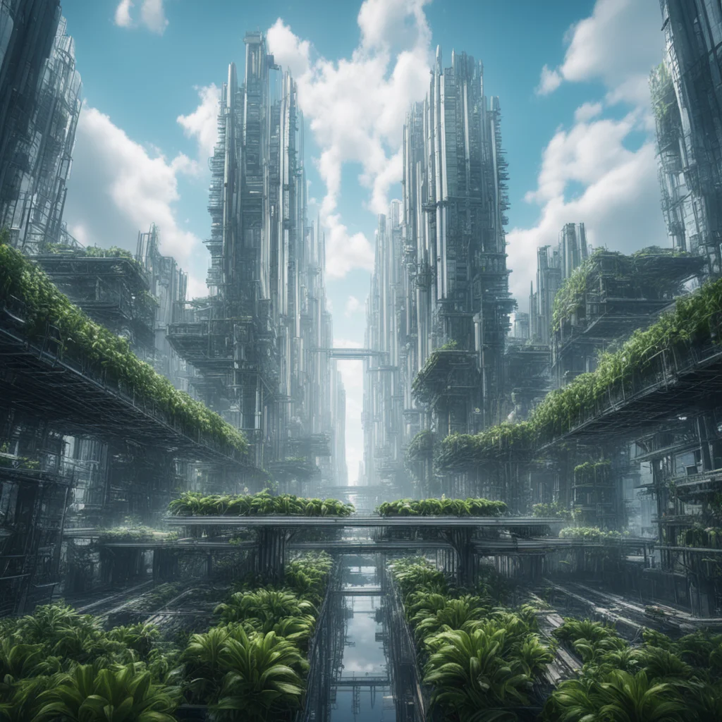upside down symmetrical cyber City in [industrial style]  symmetrical  clouds and mist  plants  ultra detail 4k hyper de