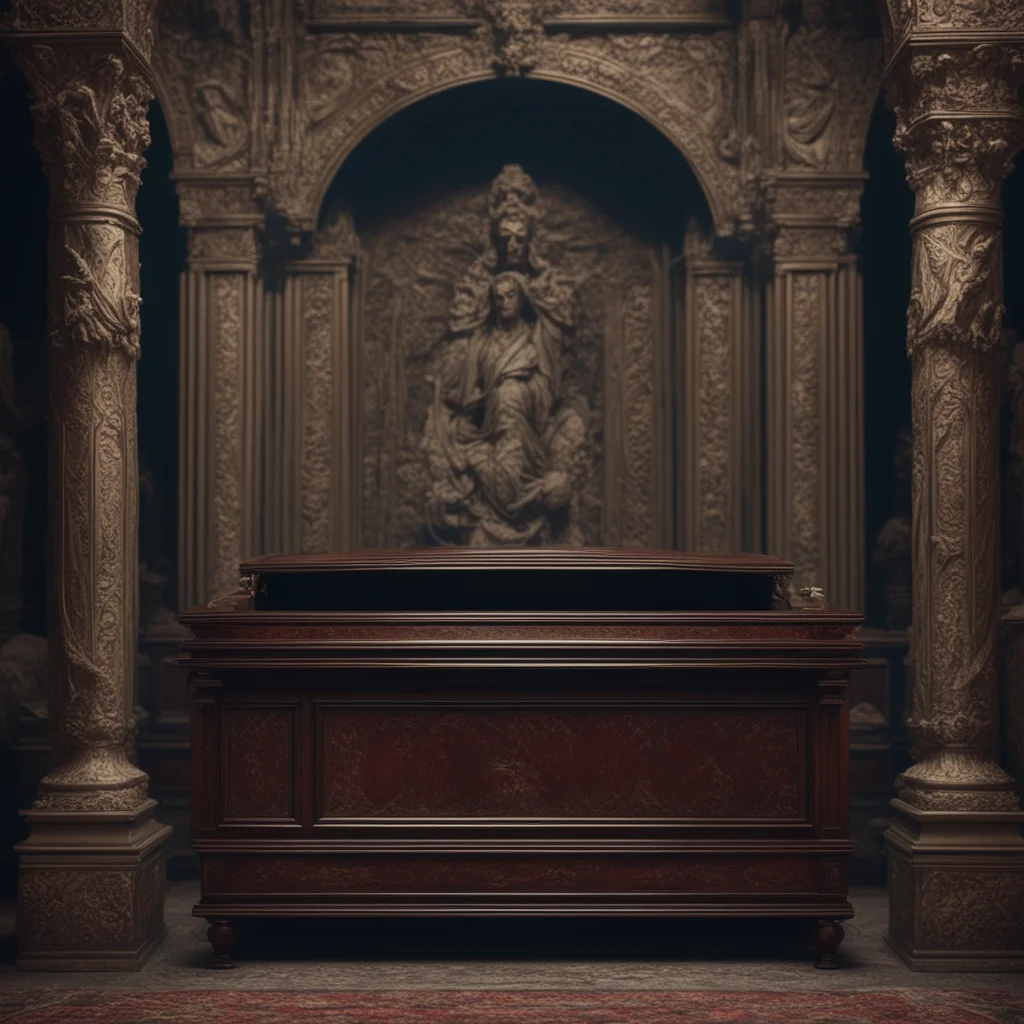 vampire lord sleeps in a coffin in a decorative ancient mausoleum 8k cinematic atmospheric chaotic ultrarealistic highly