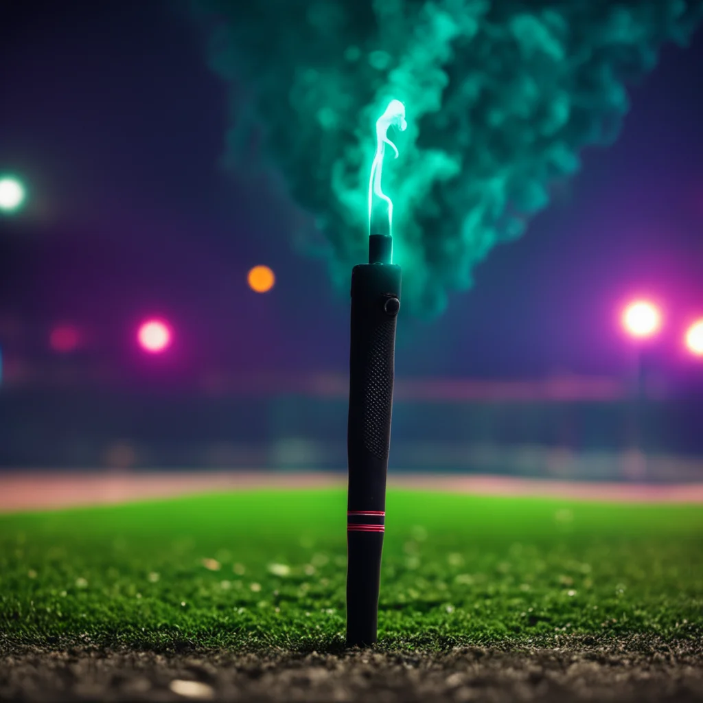 vape pen baseball bat tip of baseball bat is glowing big city baseball park facing pitcher cyberpunk faint hidden fleur 