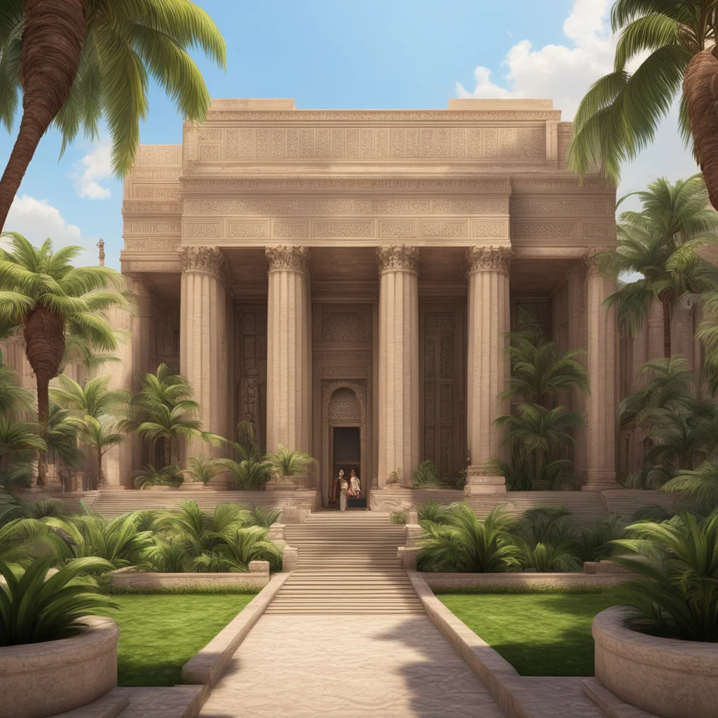 vast complex of art deco brownstone Egyptian temples with walkways and canals lush oasis by Asher Brown Durand and Eddie