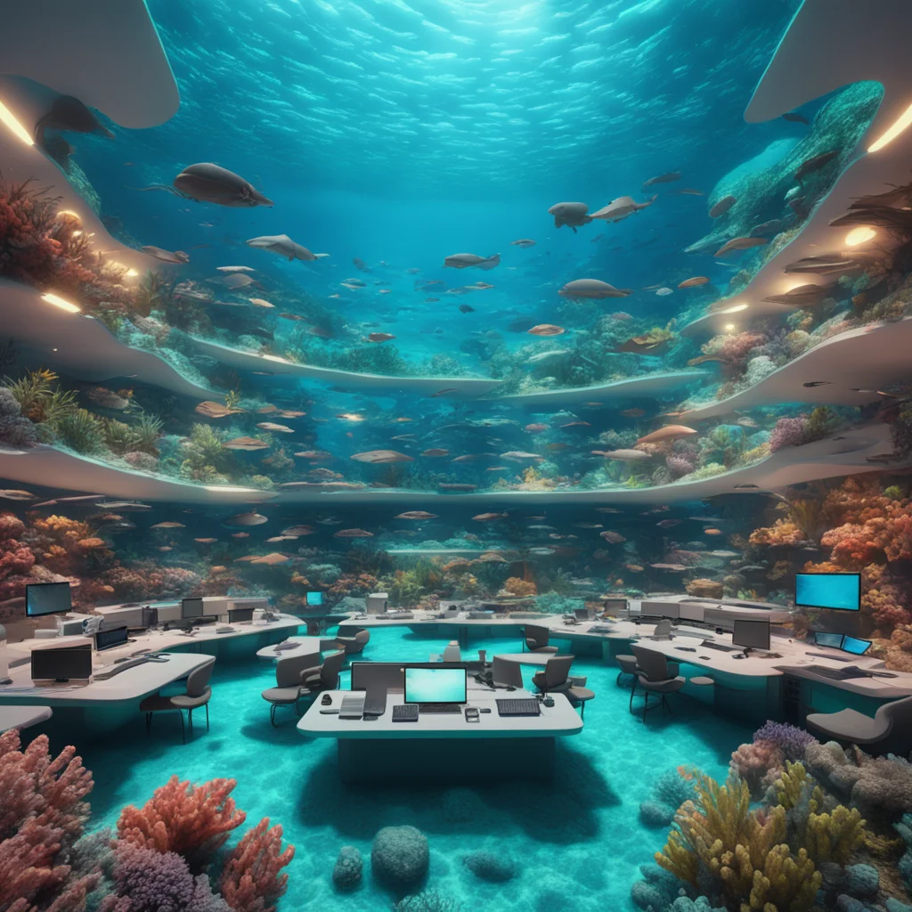 vast multi level wework co working office space embedded in majestic coral reef landscape underwater with hundreds of de