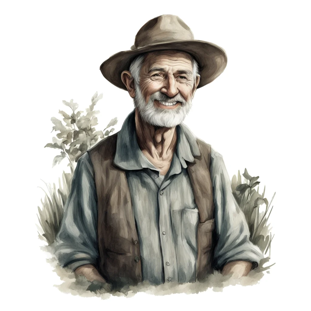 very fine drawing of a friendly farmer on a white background
